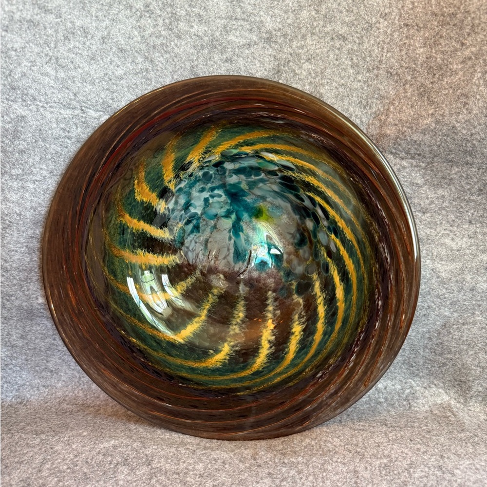 Contemporary Piece Of Art Glass Featuring A Swirling Design Brown, Blue & Yellow